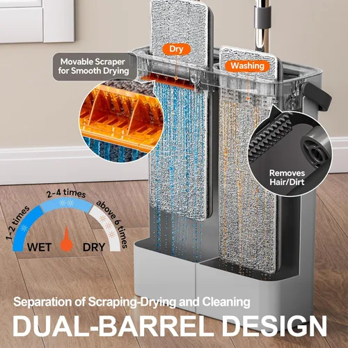 Miniatura 2 de Trapeador Compacto para Pisos y Cubeta – Trapeador Plano y Cubeta con Conjunto de Escurridor Manos Libres Trapeador Húmedo y Seco