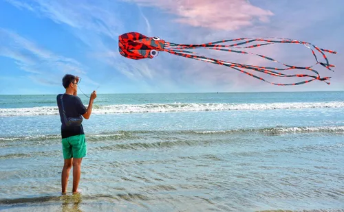 Miniatura 2 de Cometa grande, pulpo, sin esqueleto, cometas de parapista suave para niños y adultos, playa, parque, jardín, patio de juegos, diversión en Rojo