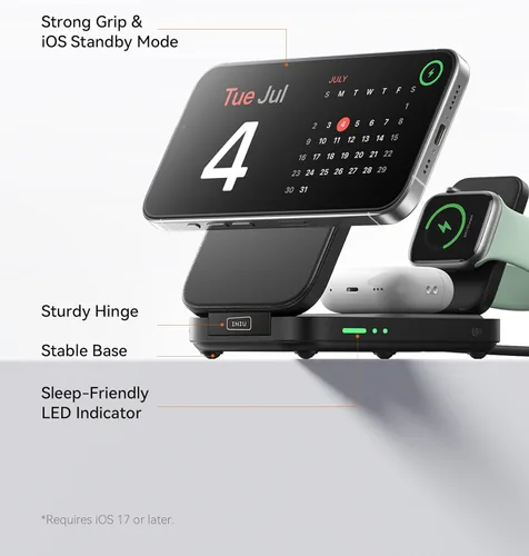 Miniatura 7 de INIU Estación de carga inalámbrica 3 en 1, cargador de viaje certificado Qi2 de 15W para múltiples dispositivos Apple, soporte de cargador Negro