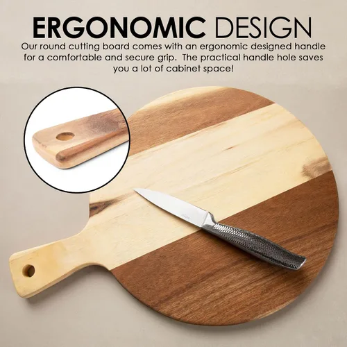 Miniatura 7 de Tabla de cortar de acacia prémium con asa, tabla de cortar de madera para cocina (12 x 16 pulgadas), tablas de cortar redondas de acacia para carne