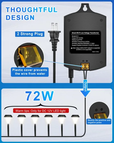 Miniatura 6 de Transformador de paisaje de bajo voltaje WiFi de 72 W con temporizador, transformador de bajo voltaje de 120 V CA a 12 V CC para luces de camino