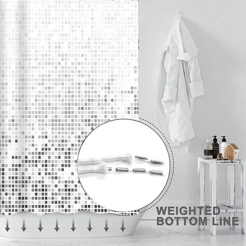 Miniatura 4 de Decoreagy Cortina de ducha gris y blanca, cortinas de ducha de baño negras degradadas, cortinas de baño de tela impermeable con 12 ganchos, 72 x 72
