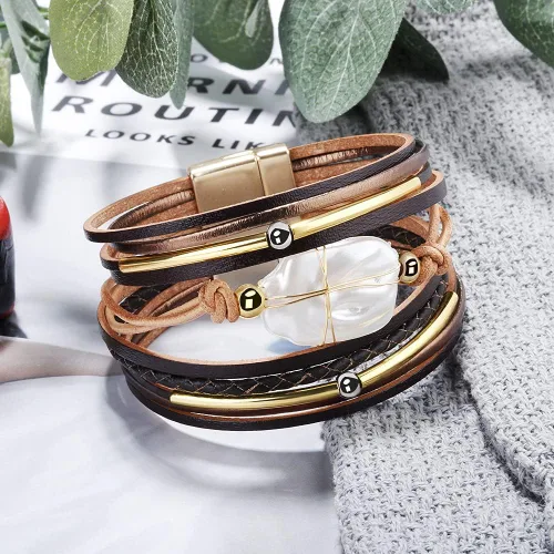 Miniatura 5 de Fesciory - Pulsera de leopardo para mujer, estilo bohemio de cuero multicapa con perlas de cristal
