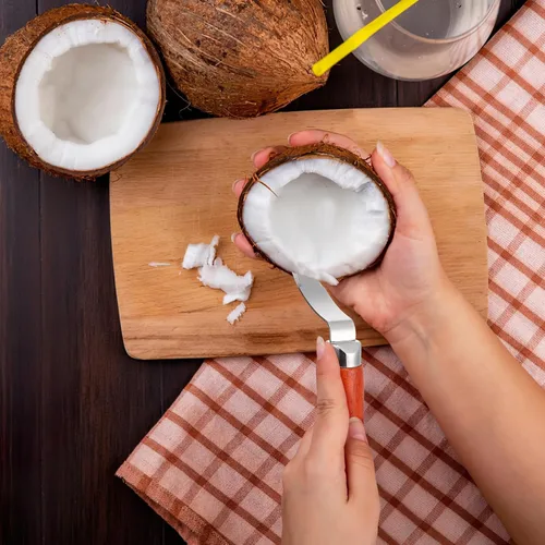 Miniatura 7 de DOITOOL Herramienta de eliminación de carne de coco cuchillo raspador de coco fresco de acero inoxidable con mango ergonómico de madera