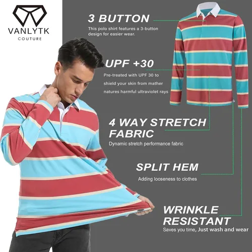 Miniatura 4 de VANLYTK Polo para hombre de manga larga que absorbe la humedad, cuello a rayas, para golf y rugby
