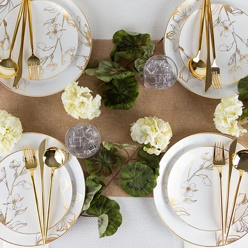 Miniatura 4 de EcoQuality Platos redondos de plástico blanco de 7.5 pulgadas con diseño floral dorado antiguo, platos desechables de fiesta como porcelana, platos