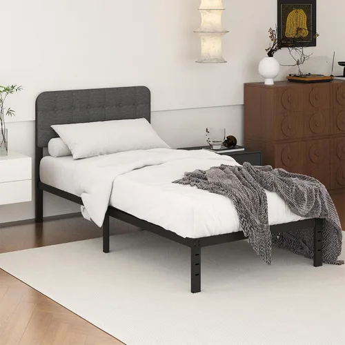 Miniatura 12 de Husleephu Marcos de cama individual con cabecero, marco de cama de plataforma individual de 12 pulgadas de metal resistente, no necesita somier