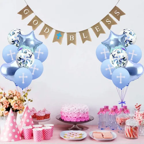 Miniatura 5 de Decoraciones de bautismo con texto en inglés "God Bless Banner", globos cruzados de confirmación para niños y primera comunión, baby shower