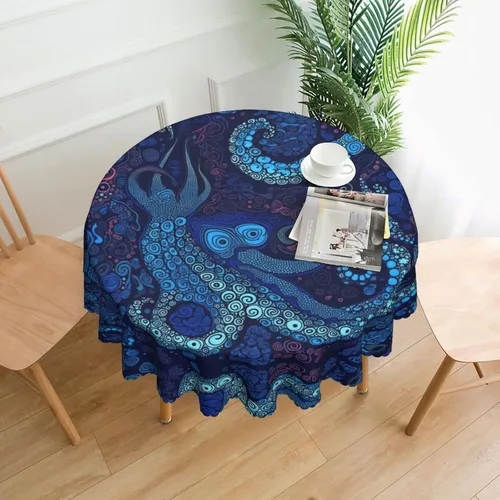 Miniatura 3 de Manteles redondos con estampado de pulpo azul de 60 pulgadas, impermeables, lavables, decoración de cocina, para mesa de comedor, cocina, mesa