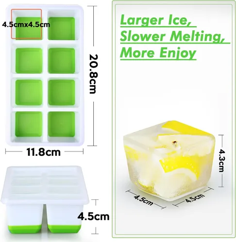 Miniatura 7 de Bandejas grandes para cubitos de hielo con tapa, paquete de 2 moldes apilables de silicona para congelador, fácil liberación, 16 bandejas de hielo