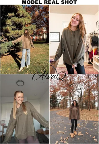 Miniatura 35 de AlvaQ - Sudadera de gran tamaño para mujer, informal, de manga larga, con botones y cuello Henley, tipo túnica