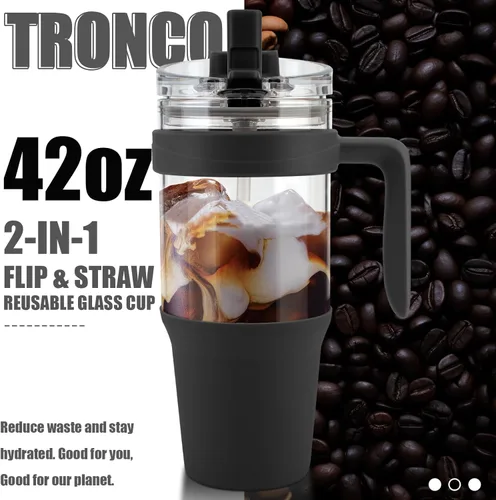 Miniatura 2 de Tronco - Vaso de vidrio de 40 onzas con popote y tapa, popote a prueba de fugas, vaso reutilizable para café helado con asa, botellas de agua