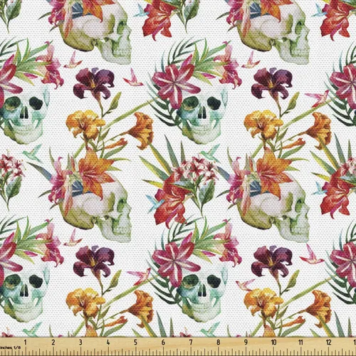 Miniatura 87 de Ambesonne The Yard, tela de calavera colorida con temática de Halloween, diseño de calavera y huesos cruzados, divertido estampado de dibujos