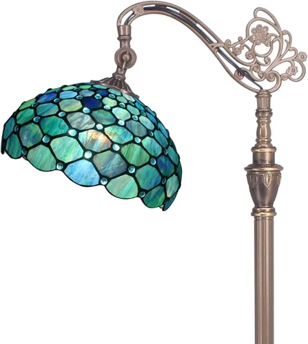 Lámpara de Pie Tiffany de Vidrio Emplomado 18.88X12X67 Pulgadas Ángulo Ajustable Cuello de Ganso Arqueado Luz de Lectura Antigua (Perla Azul Marino)