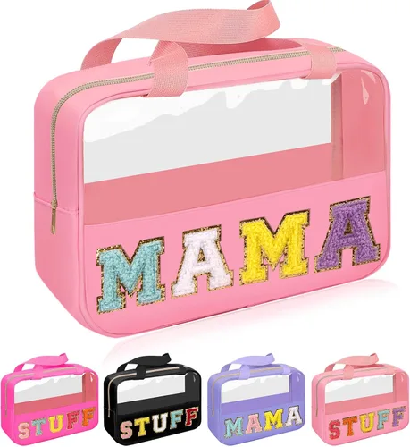Miniatura 12 de Iqimott Bolsa de bebé con parche de letras de chenilla, bolsa de cosméticos transparente para maquillaje, bolsa grande de almacenamiento