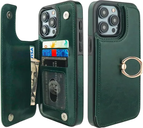 Miniatura 15 de ONETOP Funda tipo cartera para iPhone 15 Pro Max con soporte para tarjetas, anillo de rotación de 360°, función atril, bloqueo RFID, piel sintética