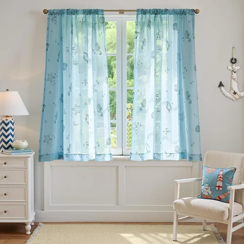 jinchan Cortinas traslúcidas azules para sala de estar, dormitorio, cuarto de bebé, cortinas de 63 pulgadas de largo para casa de playa, gasa