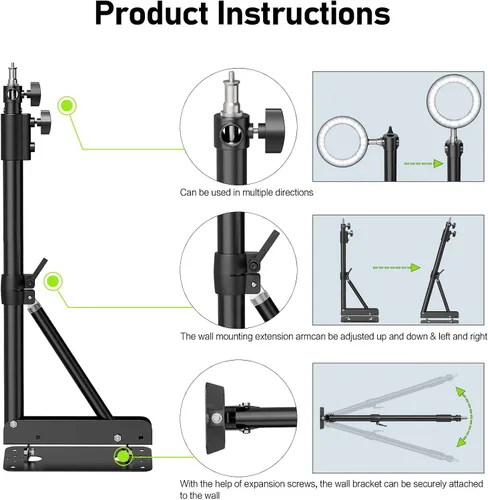Miniatura 5 de Soporte de luz de anillo – Brazo triangular de montaje en pared, soporte de pared de 4.3 pies, soporte de tirpod de rotación flexible de 180°