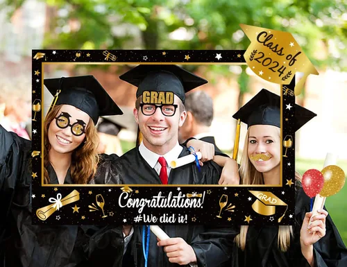 Miniatura 8 de Marco de fotos de graduación de gran tamaño + 14 accesorios de cabina de fotos de felicitaciones, suministros de fiesta, regalos de decoración