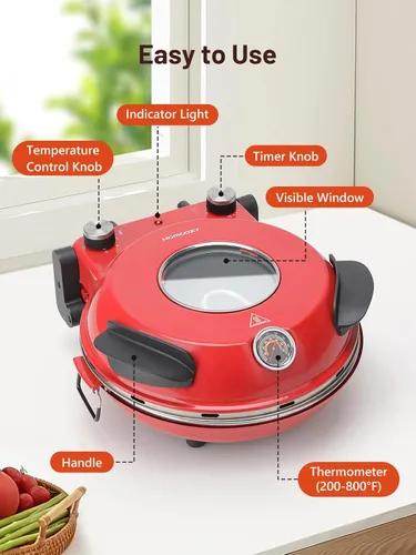 Miniatura 4 de Horno Eléctrico para Pizza de Interior con Piedra de Cerámica Esmaltada, Fabricador de Pizza Portátil de Mostrador de 12 Pulgadas con Temporizador