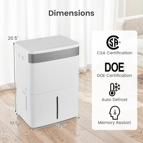 Miniatura 8 de COSTWAY Dehumidifier for Basement, Home Dehumidifier with Convenient Handle, 1.4 Gallon Tank, Auto Defrost, 24H Timer, 3-Color Indicator, Drain Hose
