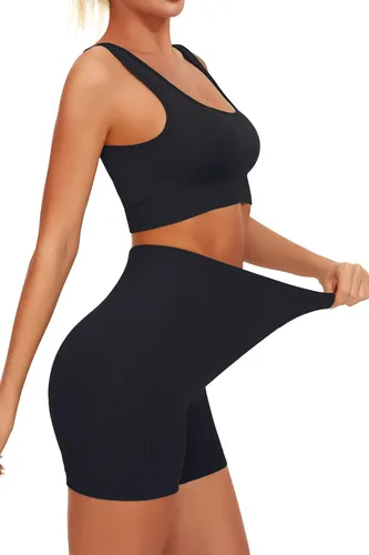 Miniatura 3 de JOYSPELS Conjuntos de entrenamiento para mujer, 2 piezas, sin costuras, acanalados, cintura alta, levantamiento de glúteos, con brasier deportivo