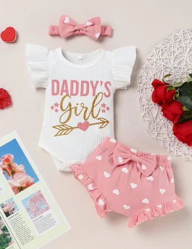 Miniatura 2 de My First Valentine's Day Outfit Baby Girl Love Ropa estampada para niñas recién nacidas con volantes y manga con volantes, color rojo, Rojo y rosado