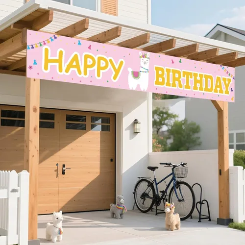 Miniatura 5 de Cartel de llama alpaca con texto en inglés «Happy Birthday» de color rosa, bonito telón de fondo para decoración de patio, niña, niño, princesa