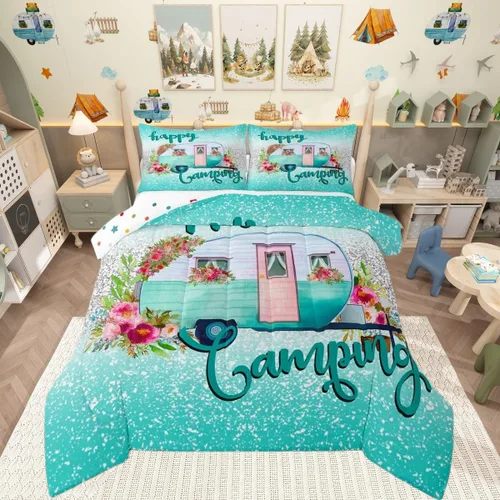 Miniatura 16 de Juego de edredón de camper tamaño matrimonial, edredón acolchado para adolescentes y niños, juego de ropa de cama rústica de granja para niños