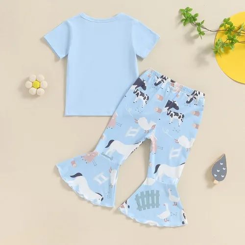 Miniatura 21 de fhutpw Conjunto de camiseta de manga corta con estampado de vaca y pantalones acampanados de dibujos animados para niñas