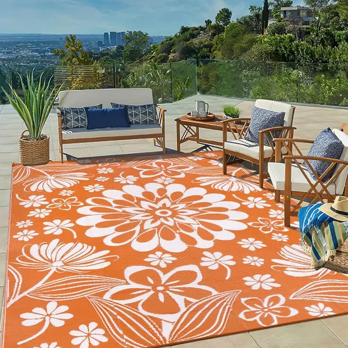 Miniatura 12 de Ileading Alfombra de Paja de Plástico para Exteriores 5x8 pies Estilo Floral Divertido Alfombras de Área Reversibles para Patio Impermeables