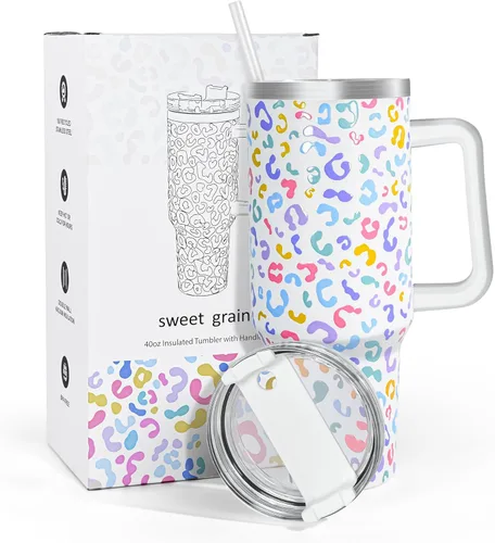 Sweet Grain - Vaso de 40 onzas con asa y pajita, mantiene las bebidas frías hasta 24 horas, vaso aislado al vacío de acero inoxidable con diseño de