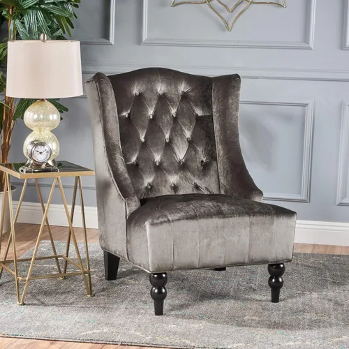 Miniatura 2 de Sillón decorativo de respaldo alto, forrado de tela, de Clarice, Terciopelo Gris