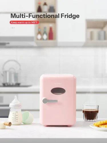 Miniatura 4 de Reemix Mini nevera, 4L/6 latas, enfriador portátil retro para uso doméstico de 120 V y 12 V CC, refrigerador para el cuidado de la piel para Rosa