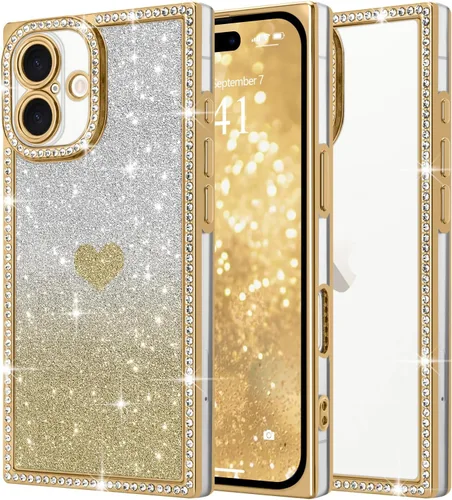 Miniatura 38 de Funda para iPhone 13, funda de diamantes de imitación de lujo con patrón de corazón de amor de cristal [papel con purpurina extraíble], parachoques