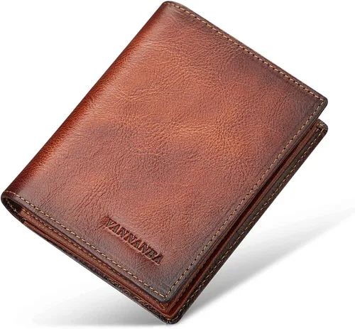 Miniatura 7 de Billetera de cuero de grano completo para hombres con RFID plegable con ventana de identificación lateral abatible 2, Amarillo Marrón, Classic