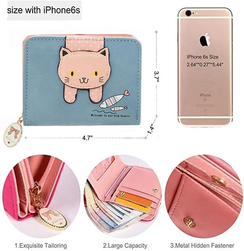 Miniatura 4 de Hjkiopc Cartera pequeña para niñas y mujeres diseño de gato monedero organizador de tarjetas Azul Cartera plegable