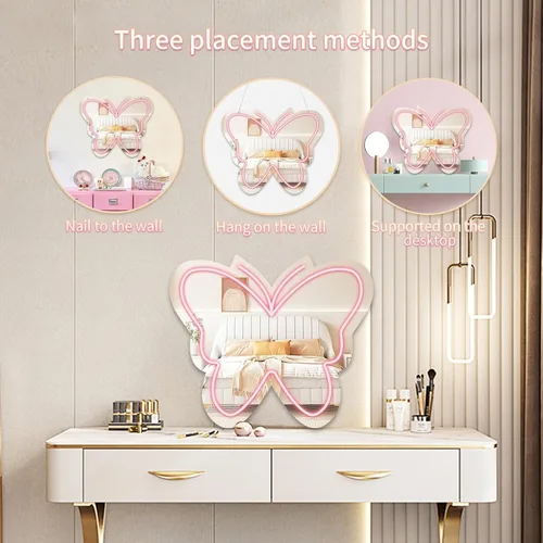 Miniatura 4 de Espejo de mariposa de anime con luces de letreros de neón para vestuario, sala de estar, dormitorio de niña, bonito espejo acrílico con atenuación