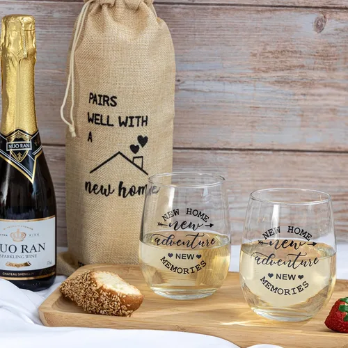 Miniatura 5 de Regalos de inauguración de la casa, cestas de inauguración de la casa, juego de copas de vino sin tallo y bolsa para botellas para parejas recién