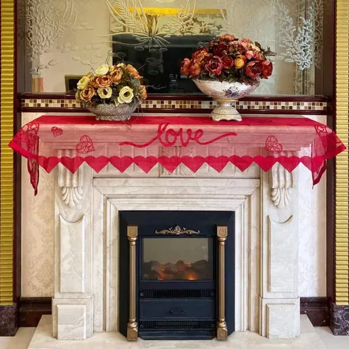 Miniatura 6 de Bufanda de manto de corazón rojo para decoración de chimenea, cubierta de mantel de encaje para decoración del hogar, sala de estar, decoración
