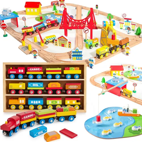 Juego de tren de madera de 12 piezas y 110 piezas para niños de 2 a 8 años, tren magnético de la ciudad y Montessori, compatible con pistas de
