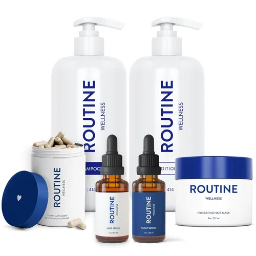 Routine Wellness Bundle - Juego de champú y acondicionador para cabello fino, dos sueros para la salud del cuero cabelludo, suplemento para el
