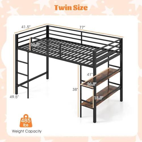 Miniatura 2 de Giantex Cama baja tipo loft tamaño individual, marco de metal resistente con estantes de almacenamiento, escalera y barandillas de longitud