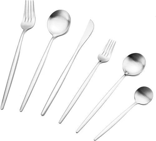 Miniatura 13 de Juego de cubiertos de acero inoxidable de 36 piezas con acabado satinado y mango plano, juego de utensilios de cocina para 6, incluye cuchara