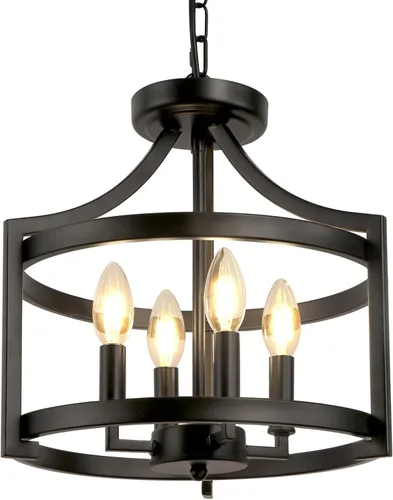 Miniatura 8 de Candelabro de granja de 4 luces, iluminación colgante moderna, lámpara de techo convertible semiempotrada rústica vintage en negro para comedor