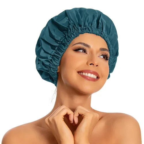 Miniatura 6 de Gorro de ducha reutilizable para mujer, grande, impermeable, lavable, banda elástica, accesorios de baño, sombrero para cabello largo, trenzas Beige