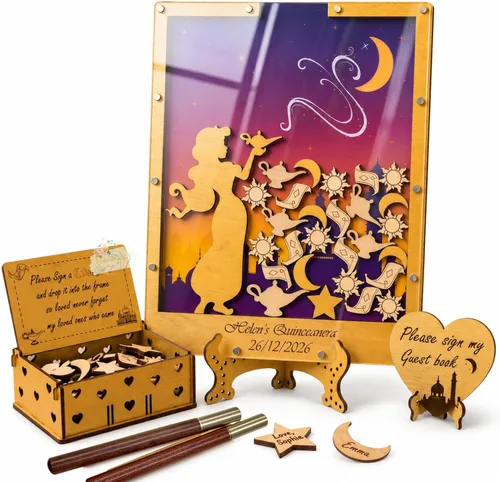 Miniatura 10 de Quinceanera Guest Book Alternative, Personalized Wooden Acrylic Princess Dress Frame with Butterfly Drop Chips, Custom Name Date Sign in Keepsake Set