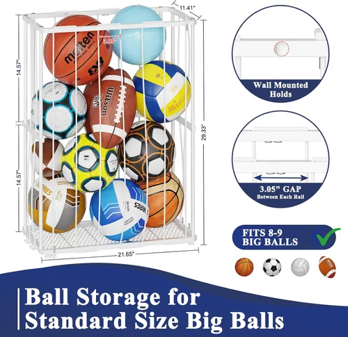 Miniatura 2 de Garage Ball Storage, Wall-Mounted & Floor Ball Holder with Elastic Rope, Sports Equipment Organize Ball Rack for Basketball, Soccer, Volleyball