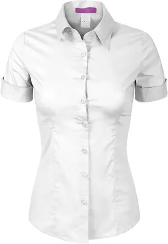 Miniatura 6 de Design by Olivia Blusa de manga corta elástica con botones para mujer, blusa de trabajo formal para oficina