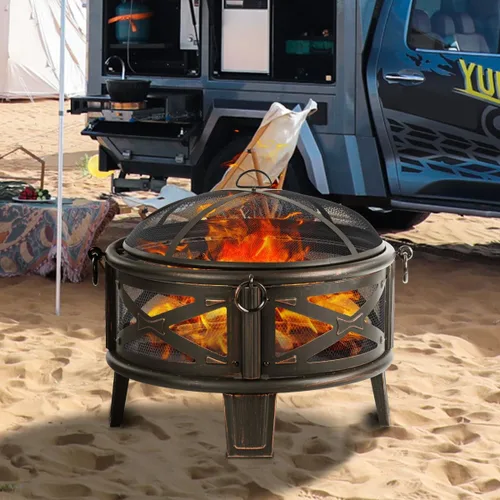 Miniatura 8 de Breezz Fogata de leña de 26 pulgadas con parrilla de cocina y pantalla de chispas, hoguera redonda de metal para exteriores, patio, fiesta